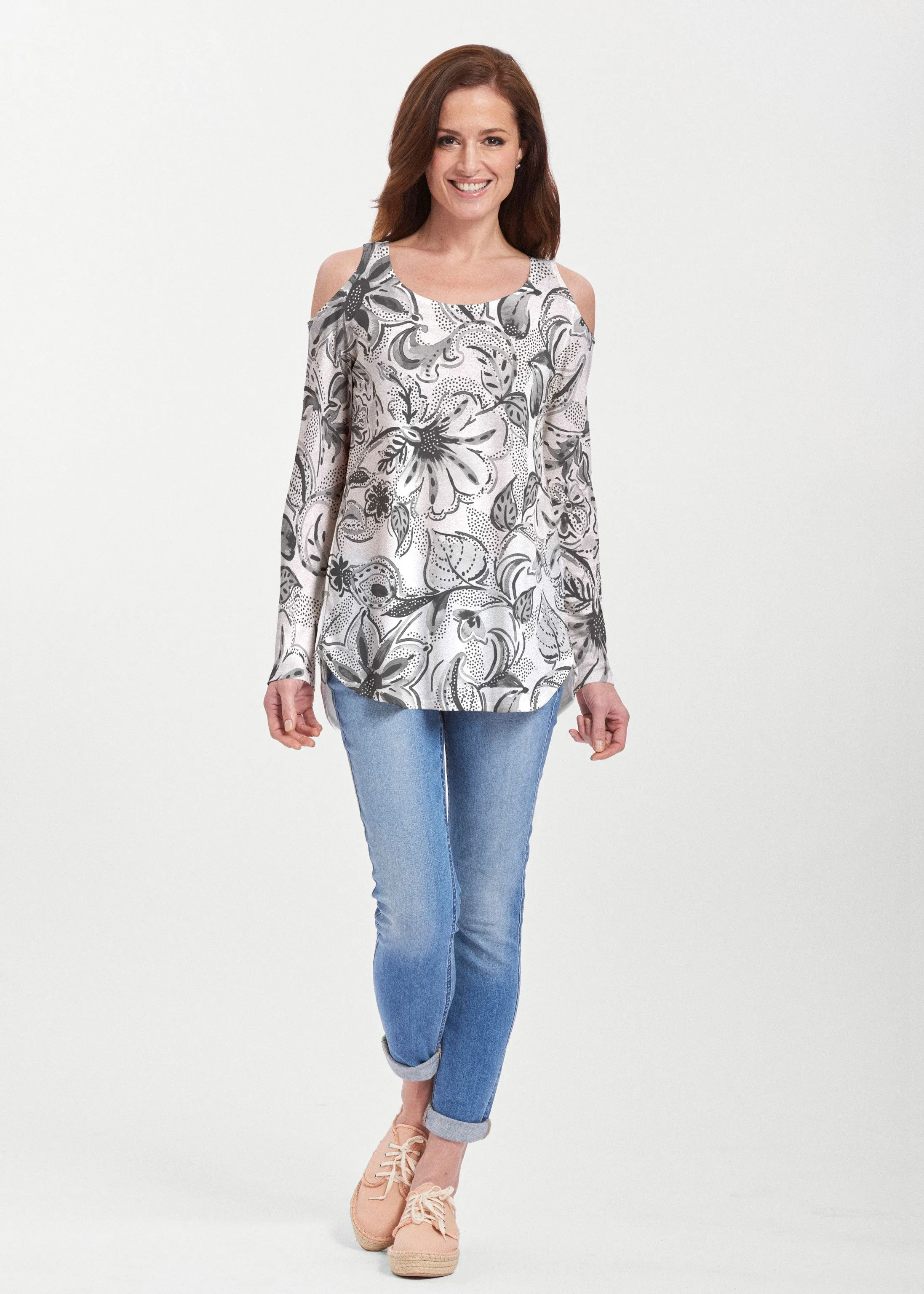 Baltic Watercolor Black (7697) ~ Butterknit Cold Shoulder Tunic