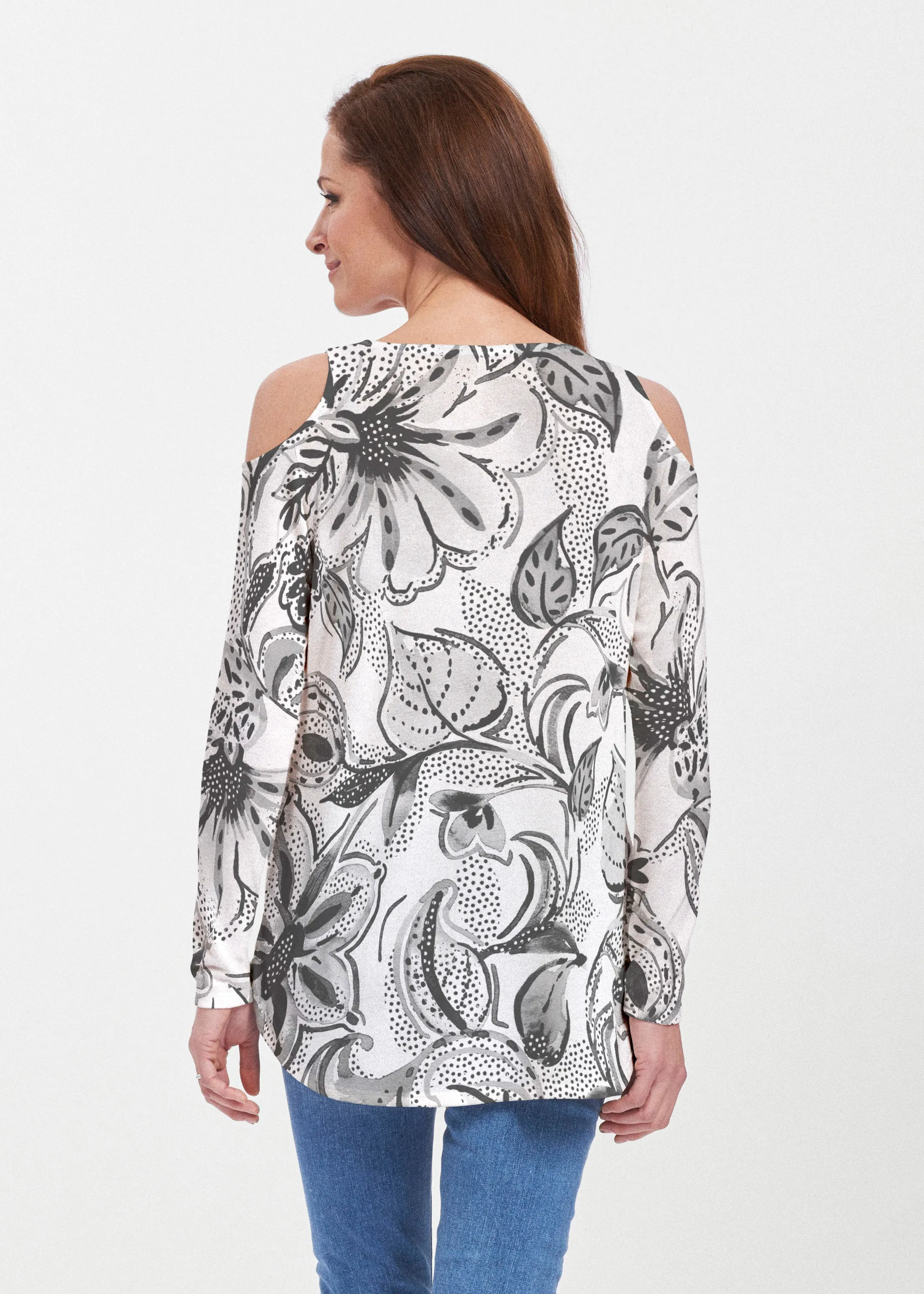 Baltic Watercolor Black (7697) ~ Butterknit Cold Shoulder Tunic