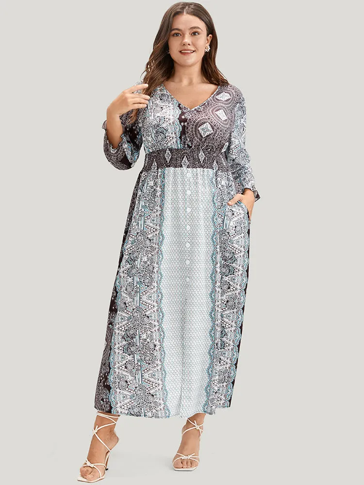 Bandana Pocket Shirred Button Detail Split Dress