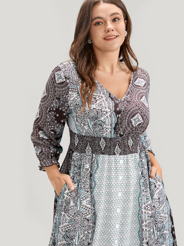 Bandana Pocket Shirred Button Detail Split Dress