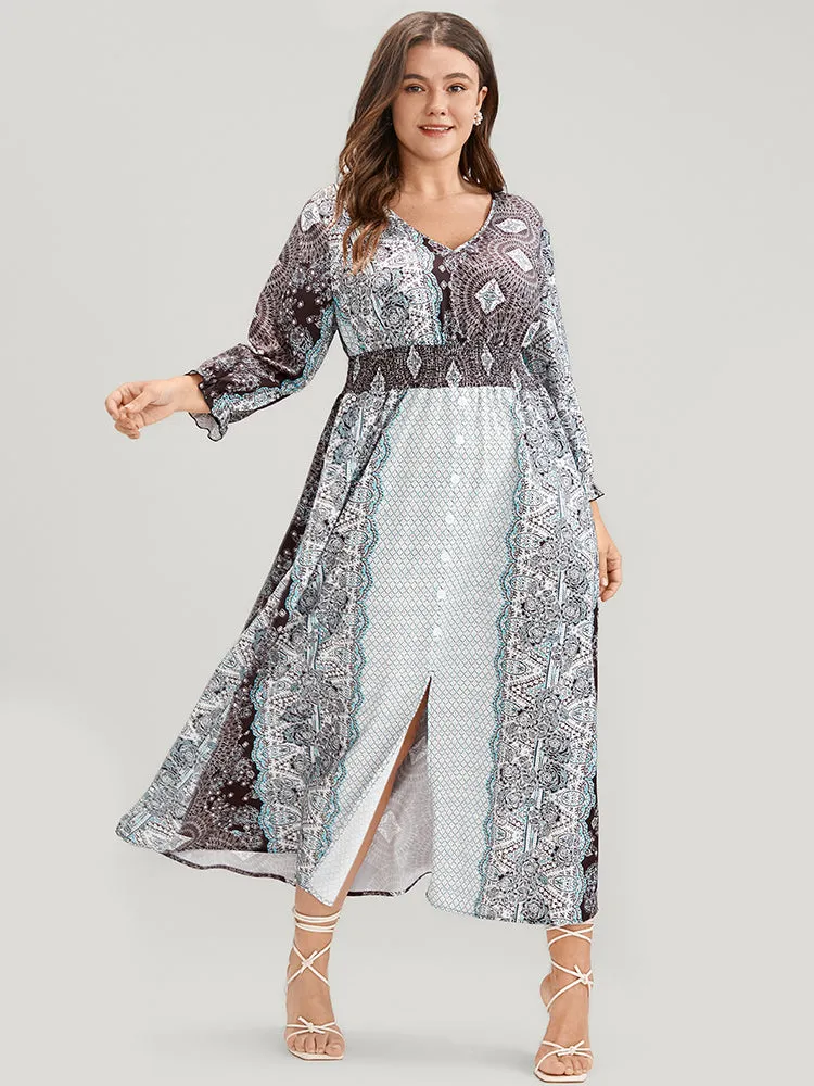 Bandana Pocket Shirred Button Detail Split Dress