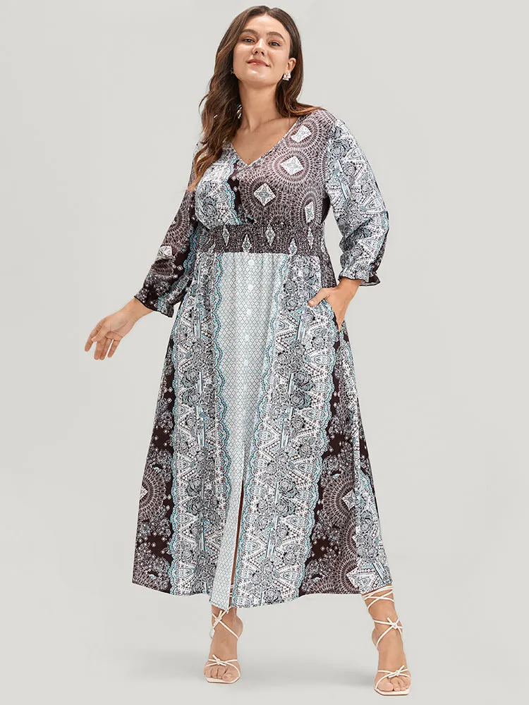 Bandana Pocket Shirred Button Detail Split Dress