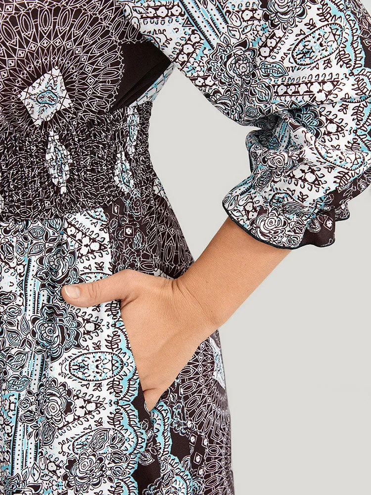 Bandana Pocket Shirred Button Detail Split Dress