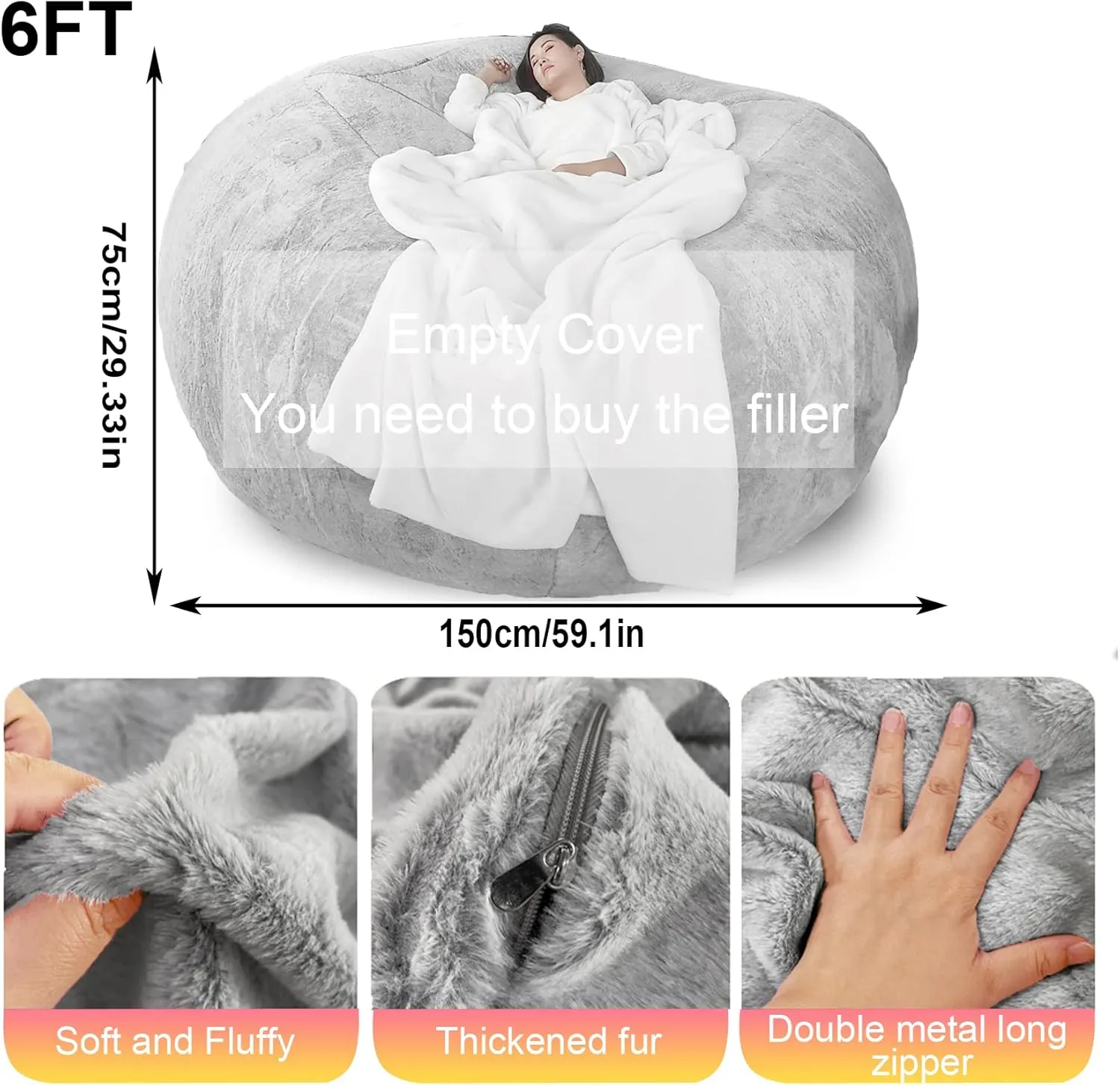 Bean Bag Chairs Giant Bean Bag Cover Only Soft Fluffy Fur Bean Bag 7Ft