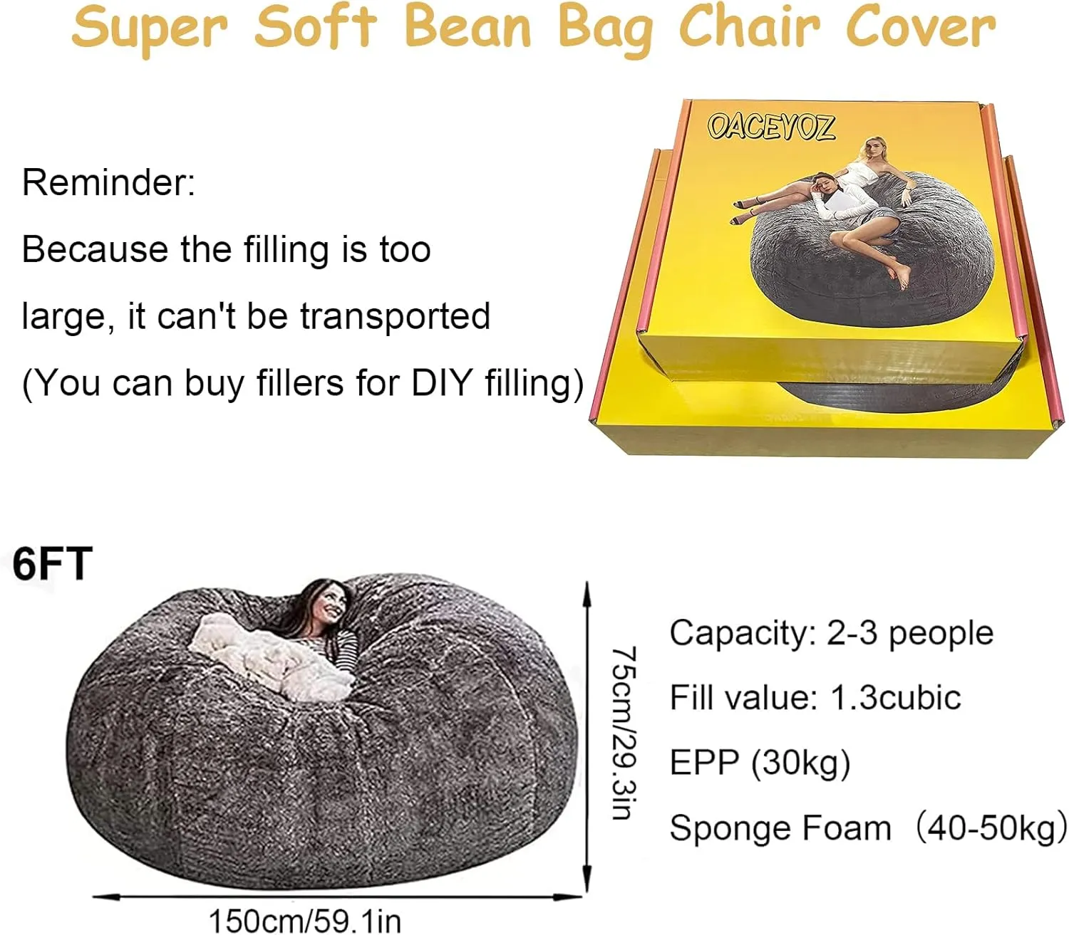Bean Bag Chairs Giant Bean Bag Cover Only Soft Fluffy Fur Bean Bag 7Ft