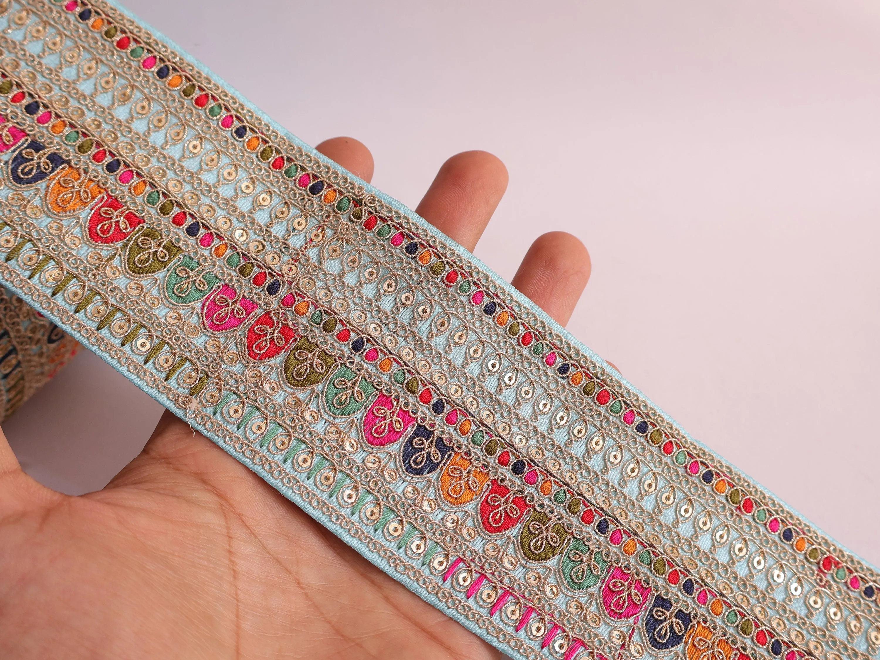 Beautiful Sky-Blue Embroidered Threadwork Ethnic Sari Border Trim - 1 Yard