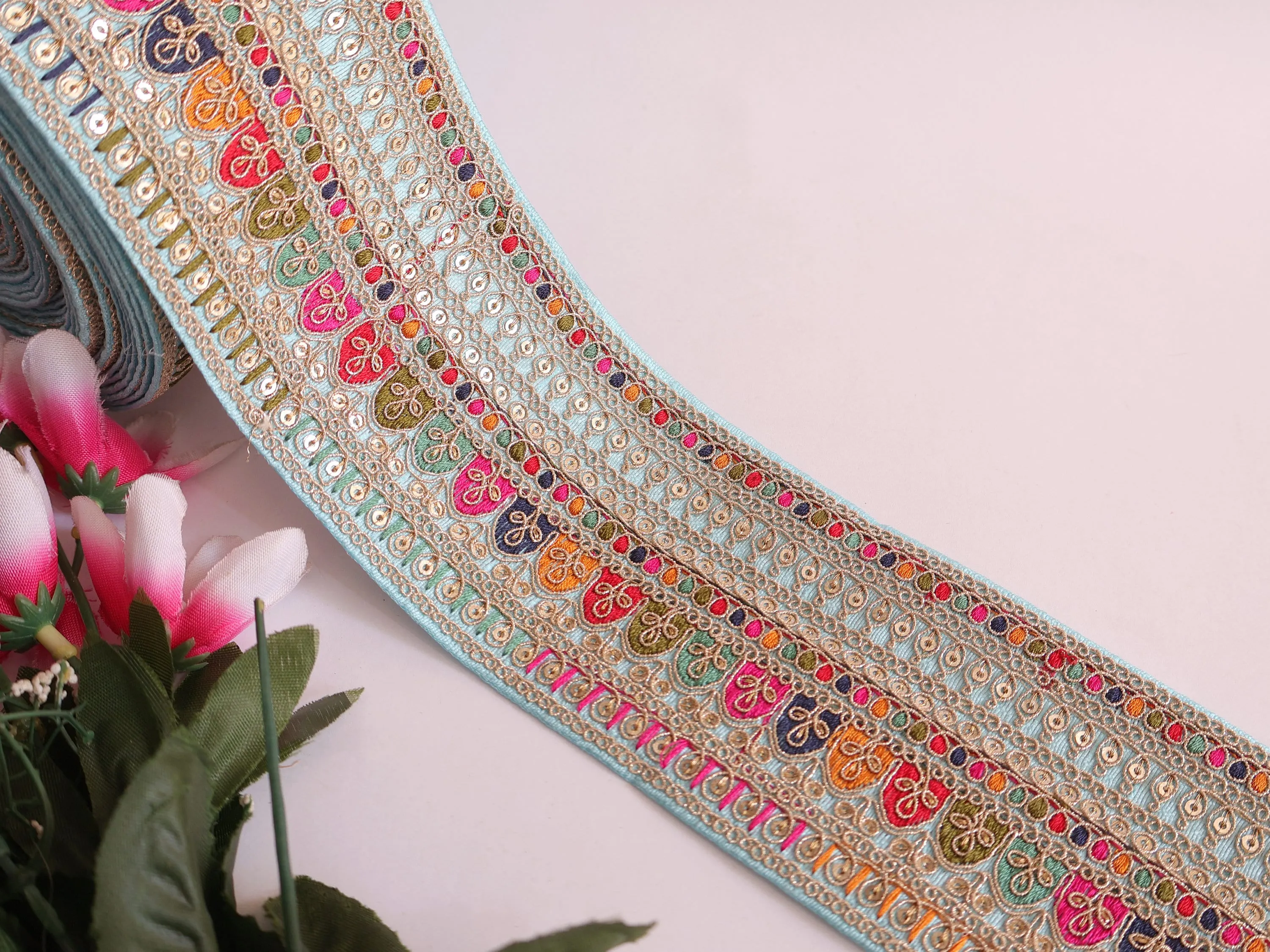 Beautiful Sky-Blue Embroidered Threadwork Ethnic Sari Border Trim - 1 Yard