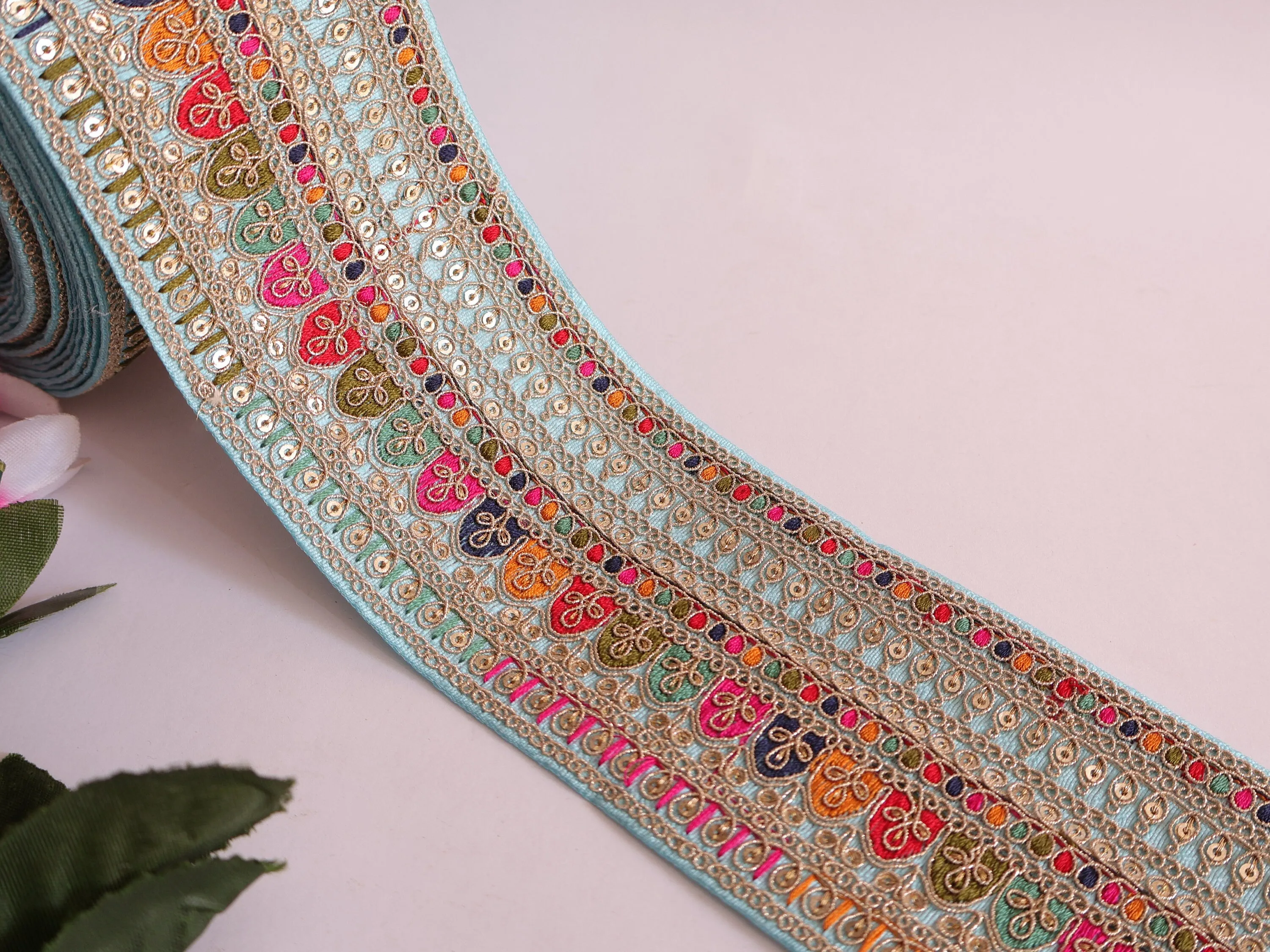 Beautiful Sky-Blue Embroidered Threadwork Ethnic Sari Border Trim - 1 Yard