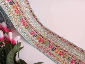 Beautiful Sky-Blue Embroidered Threadwork Ethnic Sari Border Trim - 1 Yard
