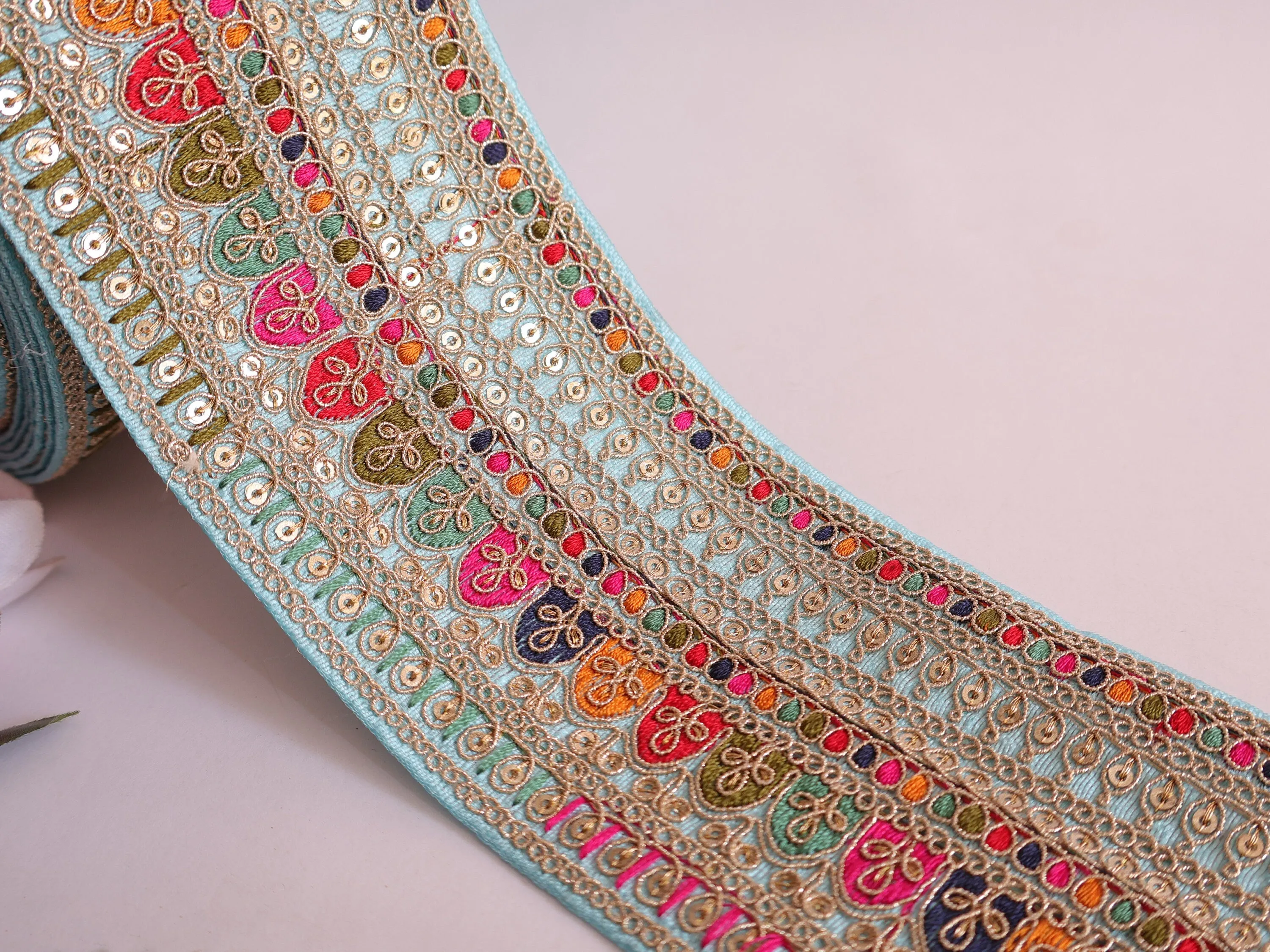 Beautiful Sky-Blue Embroidered Threadwork Ethnic Sari Border Trim - 1 Yard