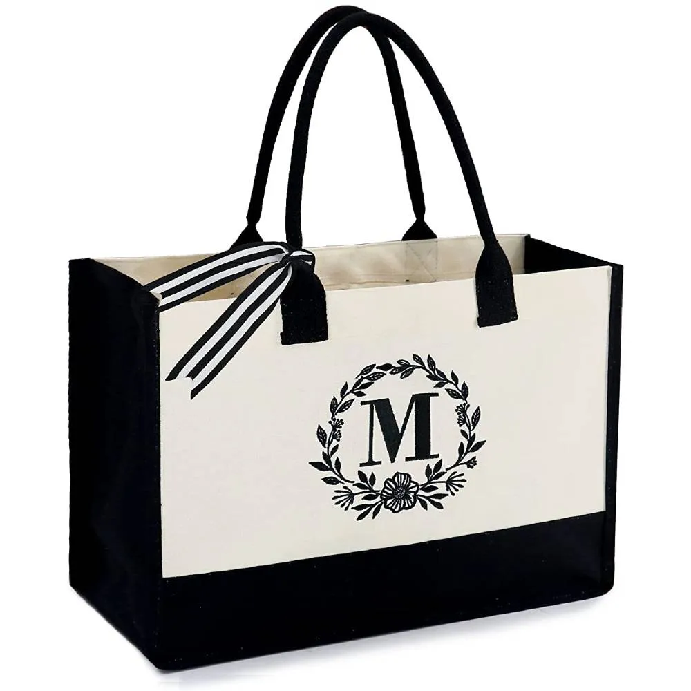 BeeGreen Initial Canvas Tote Bag with Zipper Pocket 13OZ Embroidery Monogrammed Personalized Birthday Gifts for Women | Multiple Colors