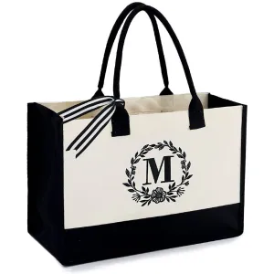 BeeGreen Initial Canvas Tote Bag with Zipper Pocket 13OZ Embroidery Monogrammed Personalized Birthday Gifts for Women | Multiple Colors