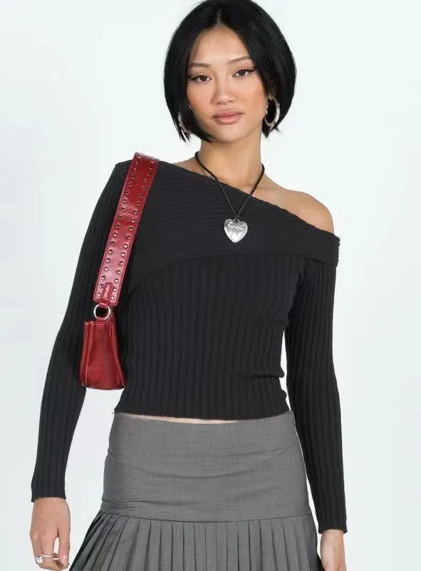 BerryBetty - New sexy slim fit sloped shoulder lapel long sleeve knitted solid color sweater