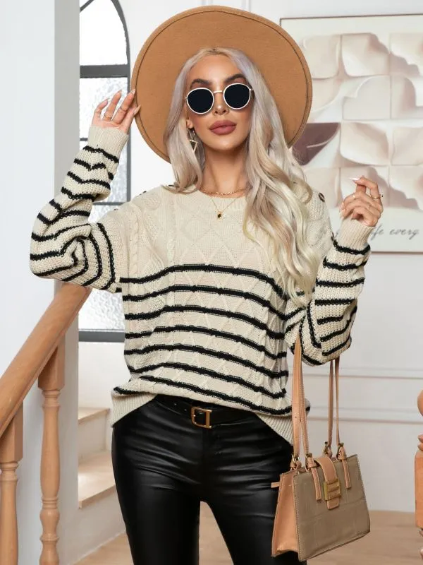 BerryBetty - Women's Casual Button Striped Long Sleeve Pullover Sweater