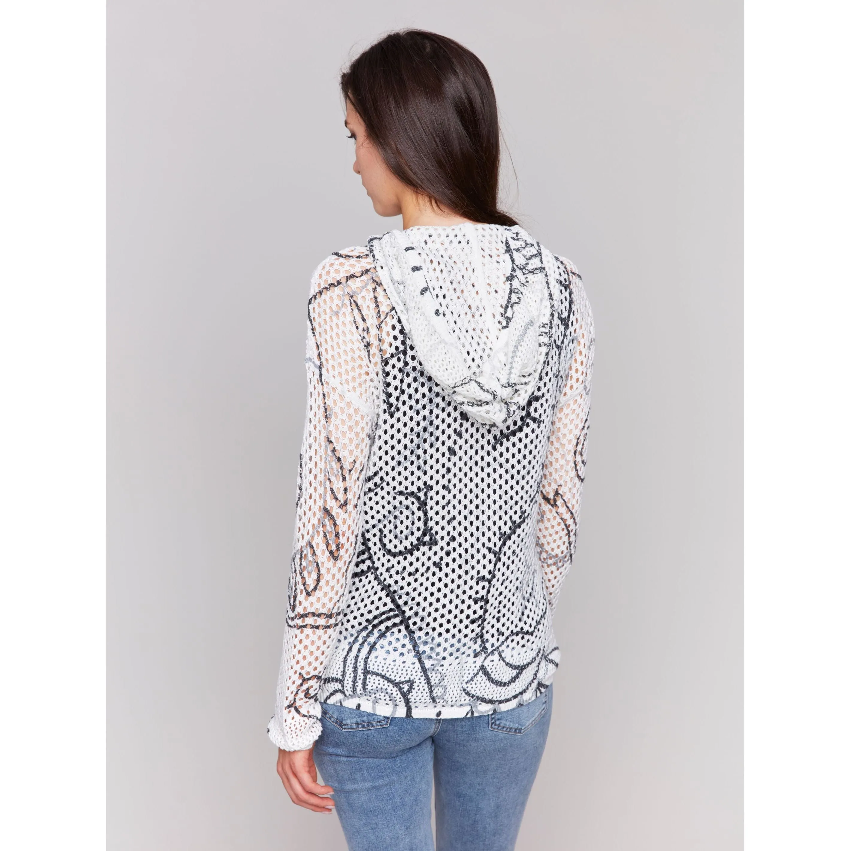 Black & White Printed Fishnet Crochet Hoodie