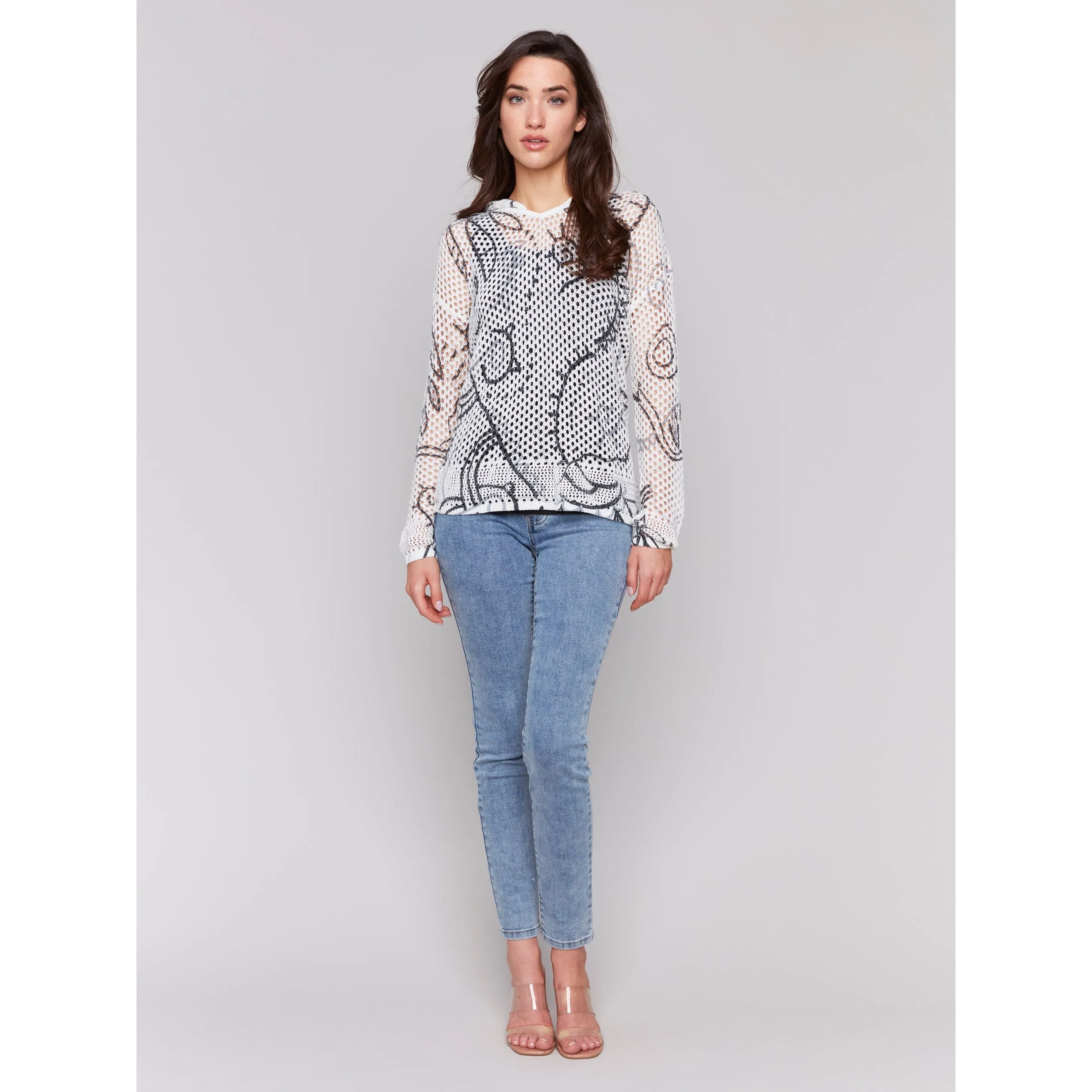 Black & White Printed Fishnet Crochet Hoodie