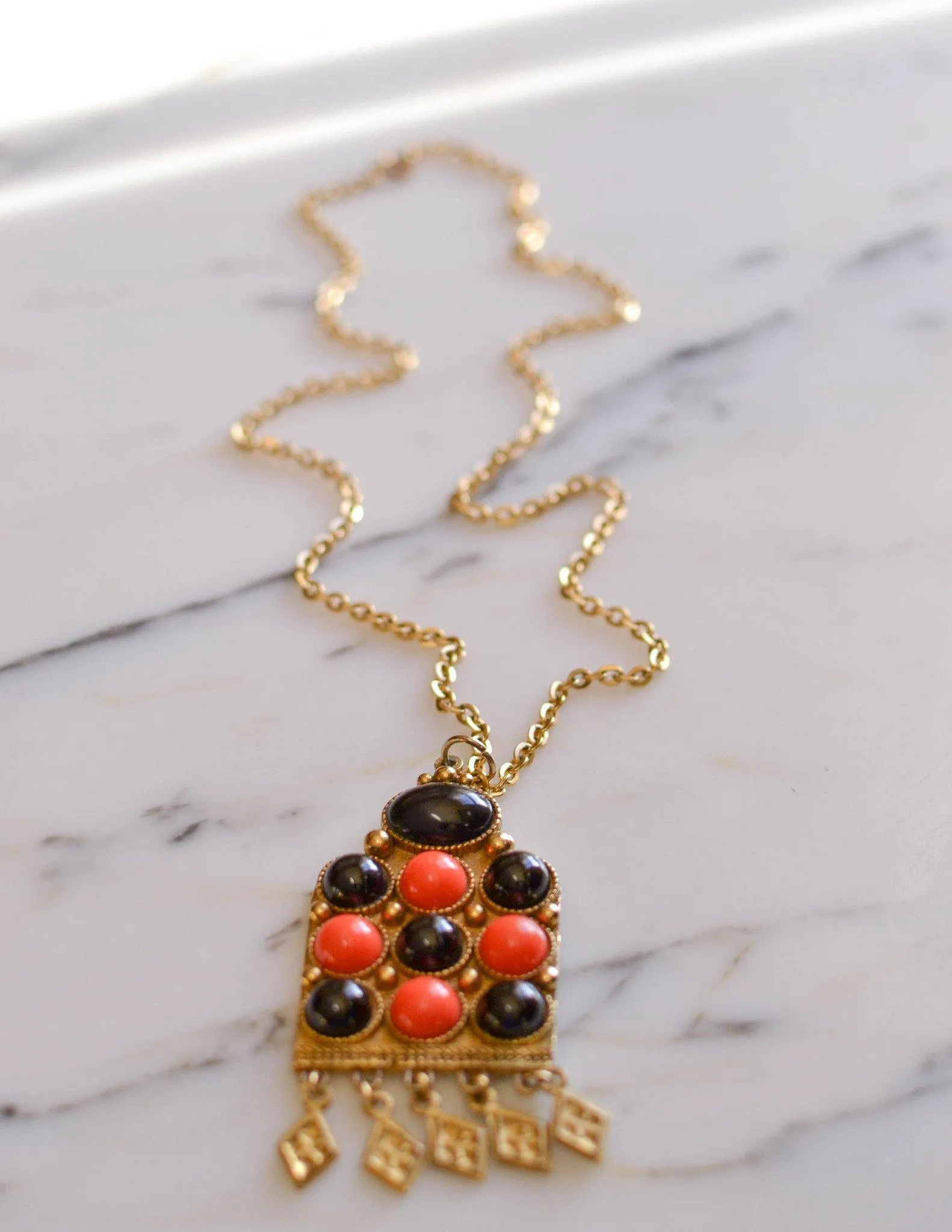 Black and Coral Etruscan Statement Necklace