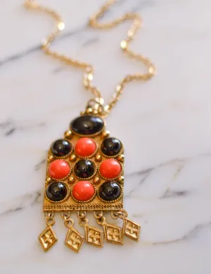 Black and Coral Etruscan Statement Necklace