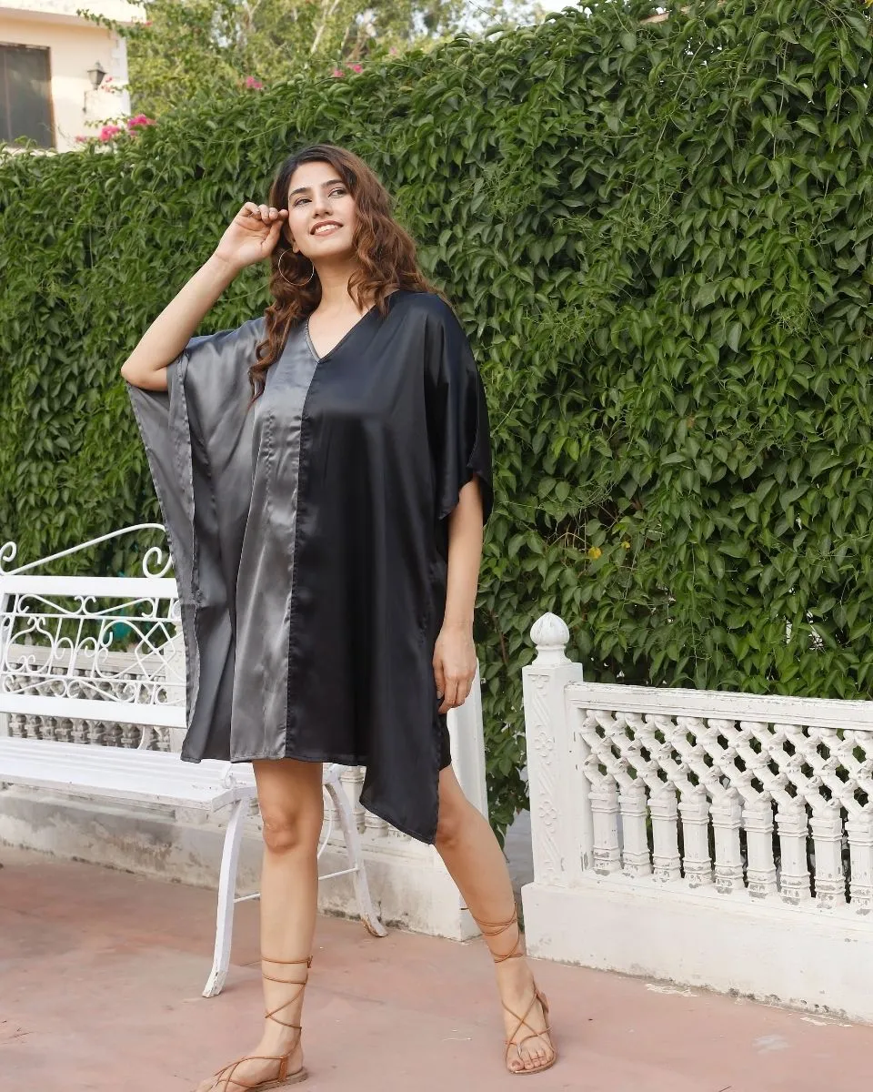 Black And Gray Poly Satin Plus Size Beach Wear Mini Tunic For Women