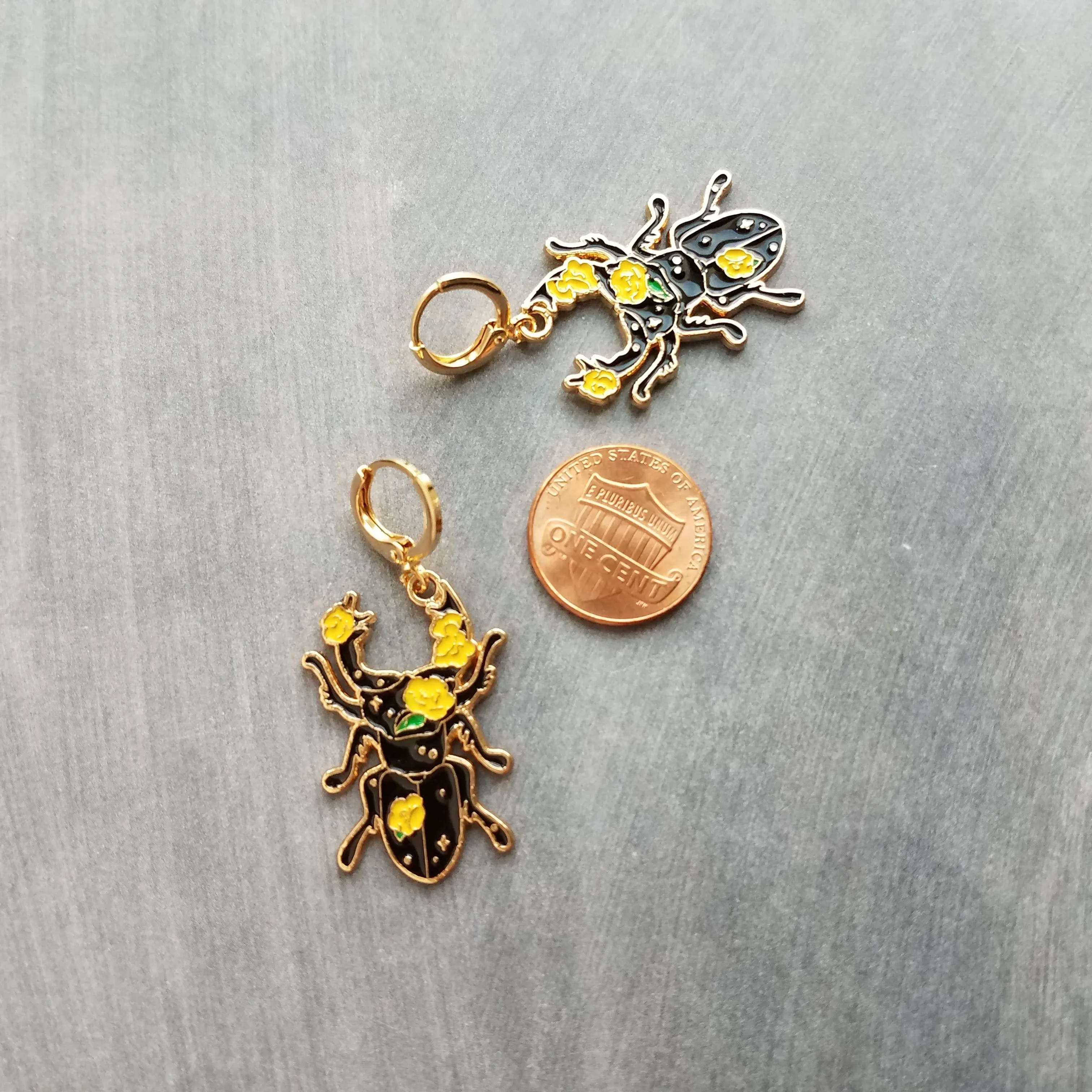 Black Beetle Earrings, stag horn beetle, beetle jewelry, gold huggie hoop, yellow flowers on beetle, insect jewelry, black enamel bug