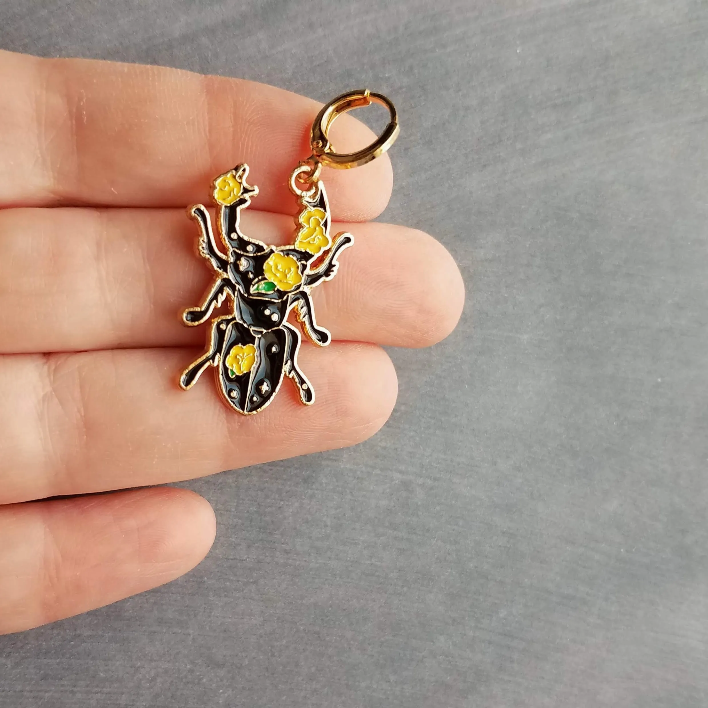 Black Beetle Earrings, stag horn beetle, beetle jewelry, gold huggie hoop, yellow flowers on beetle, insect jewelry, black enamel bug