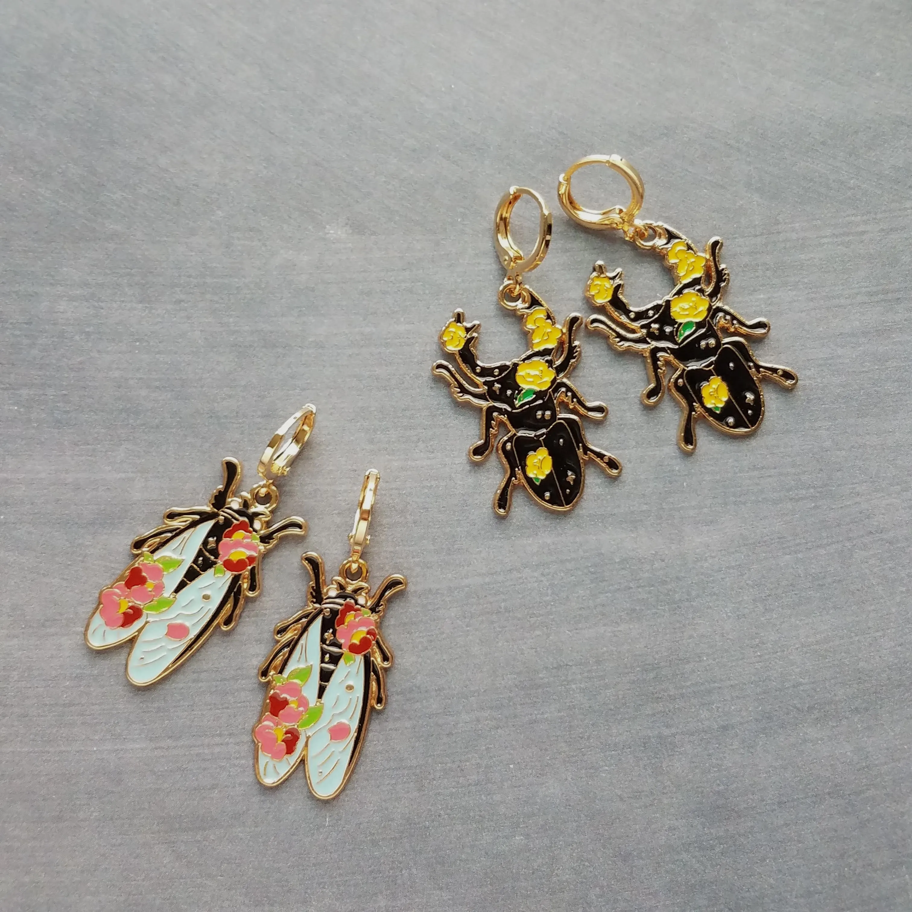 Black Beetle Earrings, stag horn beetle, beetle jewelry, gold huggie hoop, yellow flowers on beetle, insect jewelry, black enamel bug