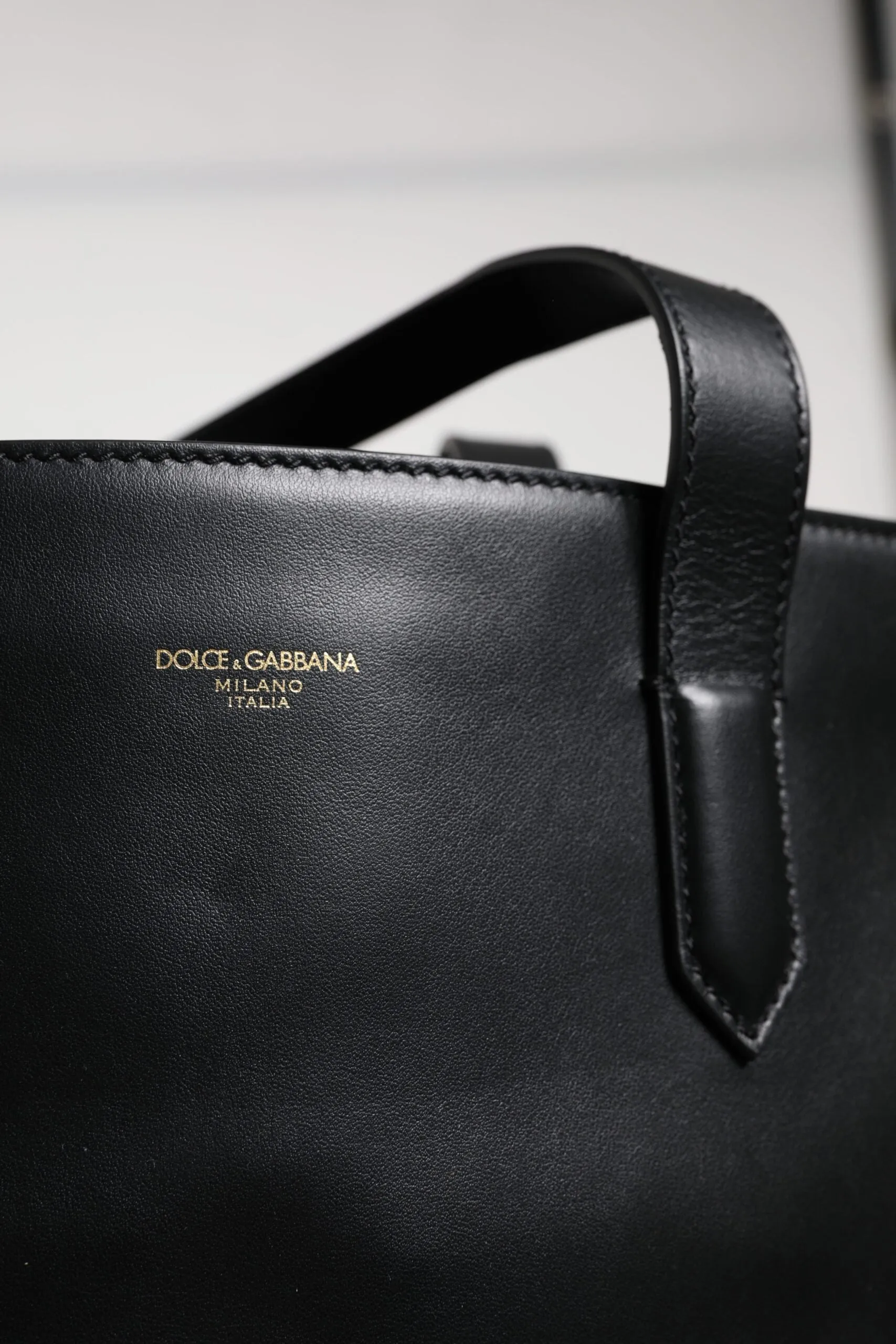 Black Calf Leather Shopping Tote Shoulder Bag