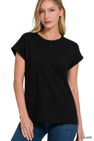 Black Cotton Rolled Sleeve Top