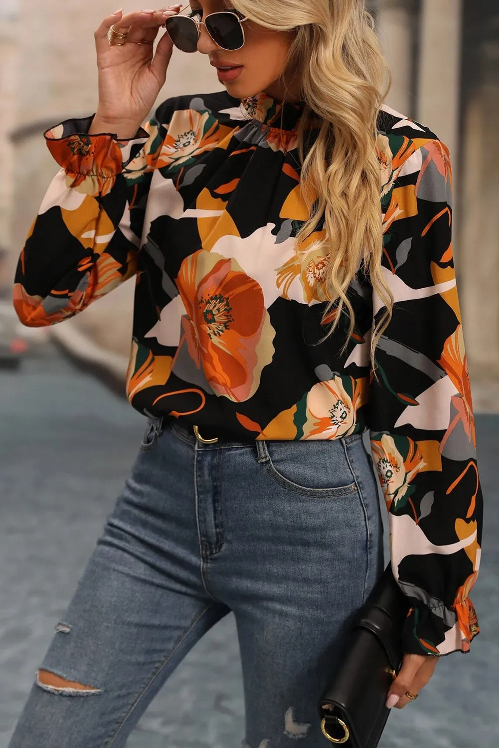 Black Floral Long Sleeve Mock Neck Blouse