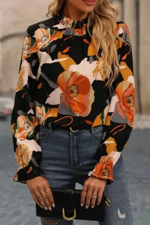 Black Floral Long Sleeve Mock Neck Blouse