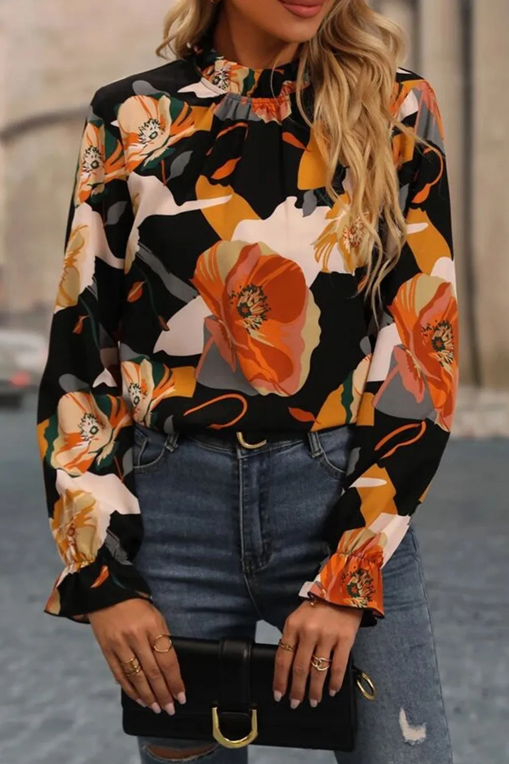 Black Floral Long Sleeve Mock Neck Blouse
