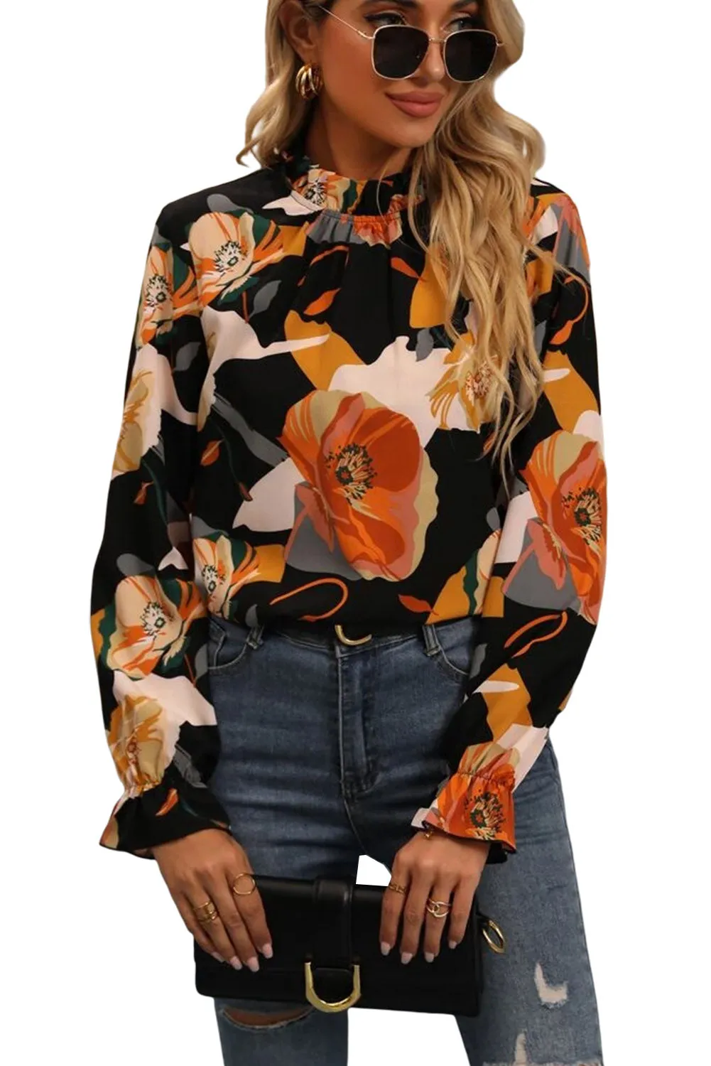 Black Floral Long Sleeve Mock Neck Blouse