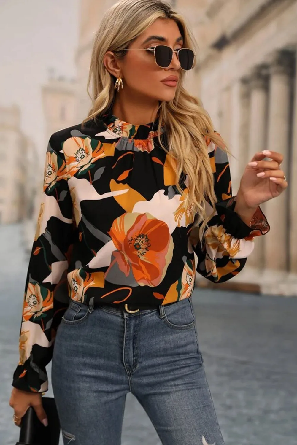 Black Floral Long Sleeve Mock Neck Blouse