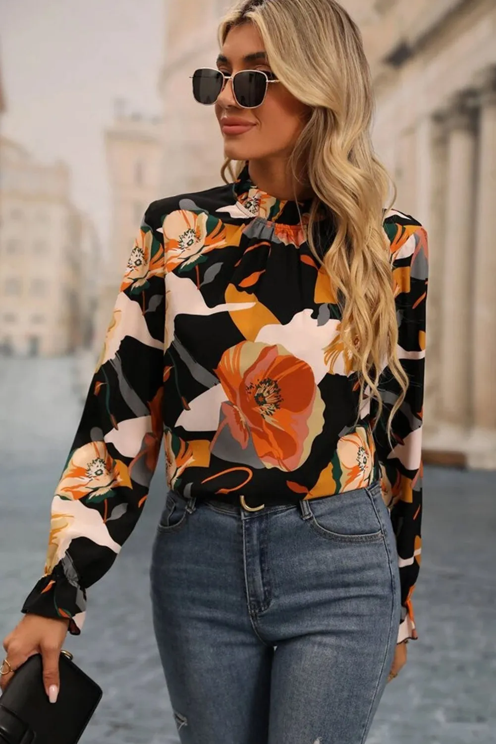 Black Floral Long Sleeve Mock Neck Blouse