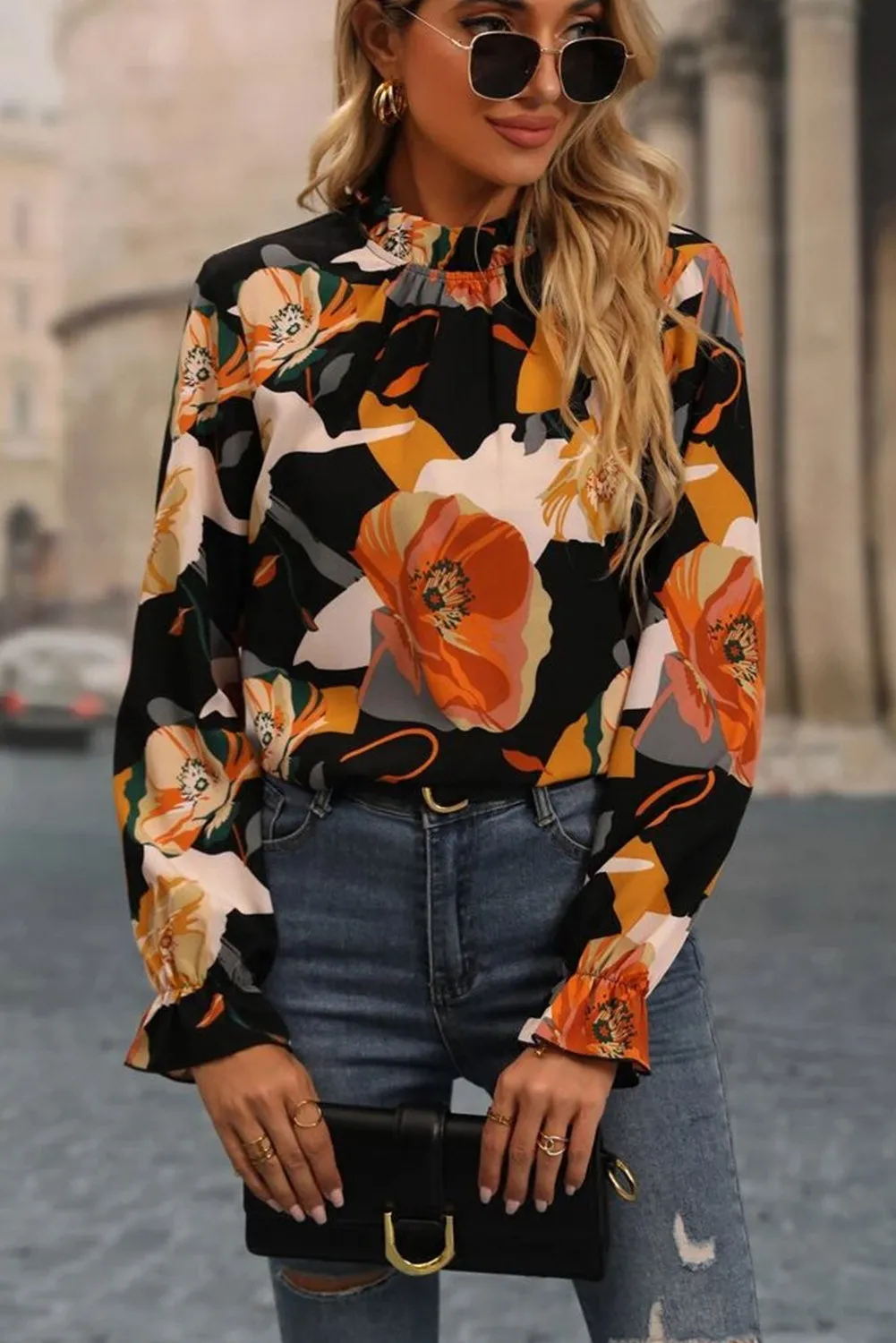 Black Floral Long Sleeve Mock Neck Blouse
