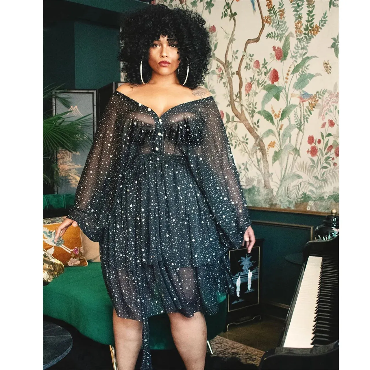 Black Glitter Mesh Evening Plus Size Dress