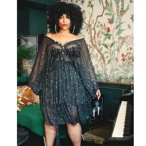 Black Glitter Mesh Evening Plus Size Dress