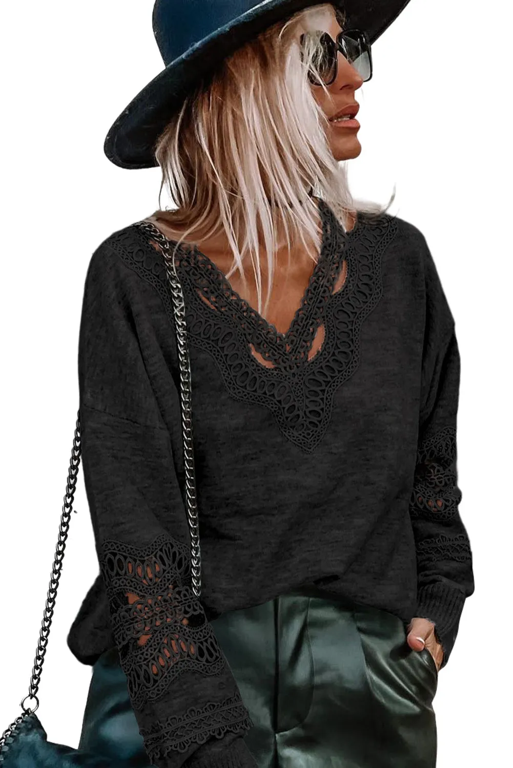 Black Gray Hollowed Lace Splicing V Neck Long Sleeve Top