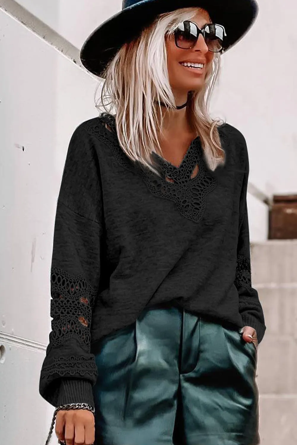Black Gray Hollowed Lace Splicing V Neck Long Sleeve Top