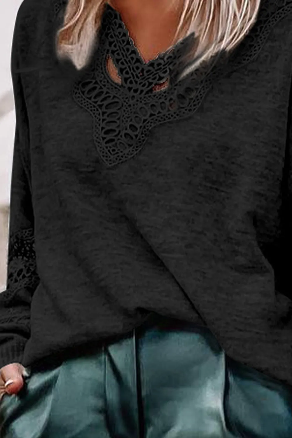 Black Gray Hollowed Lace Splicing V Neck Long Sleeve Top