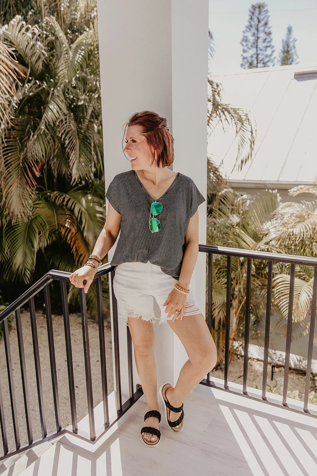 Black   Ivory Tiny Stripe V Neck Tee