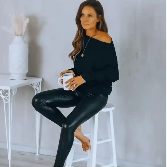 Black knit off shoulder women pullover sweater tops