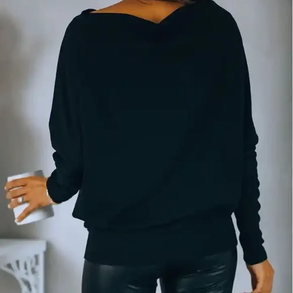 Black knit off shoulder women pullover sweater tops