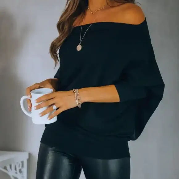 Black knit off shoulder women pullover sweater tops
