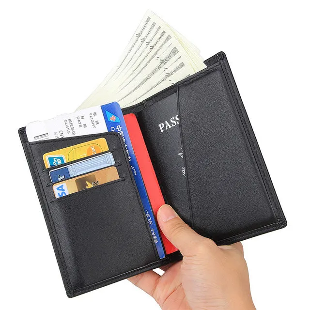 Black Leather Travel Passport Holder Case Men Long Wallets