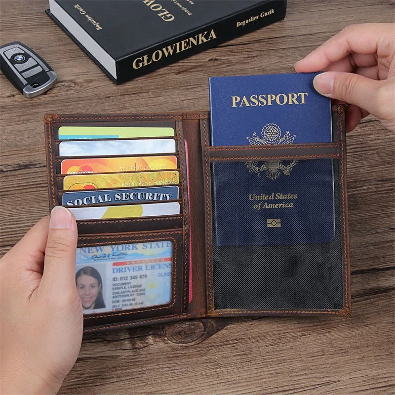 Black Leather Travel Passport Holder Case Men Long Wallets