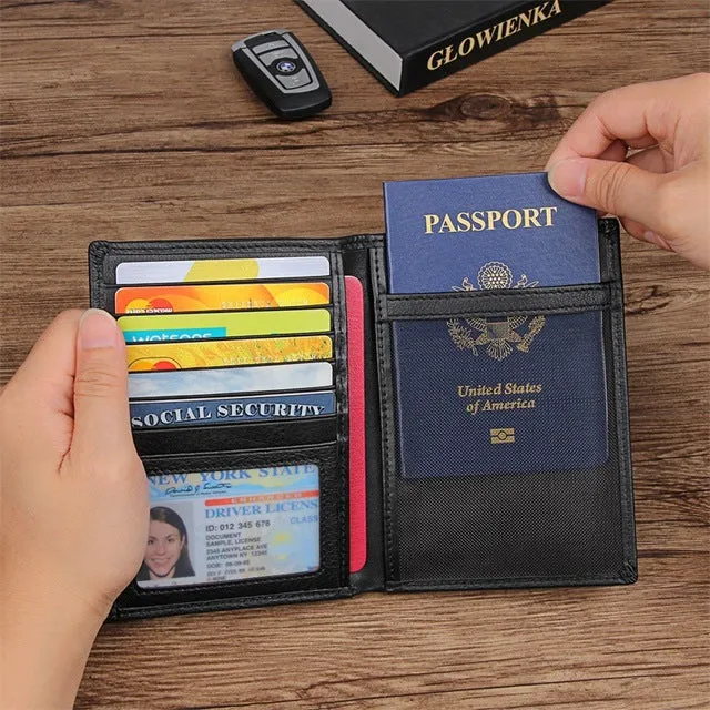 Black Leather Travel Passport Holder Case Men Long Wallets