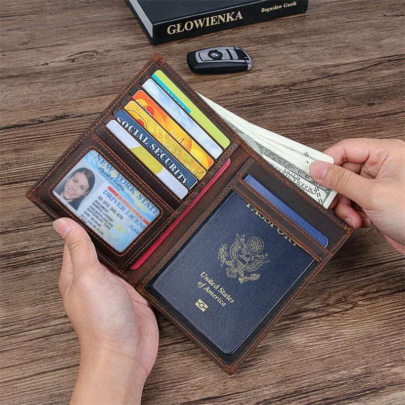Black Leather Travel Passport Holder Case Men Long Wallets