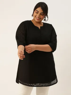 Black Paisley Embroidered Georgette Lucknowi Chikankari Thigh Length Tunic For Women - ZOLA