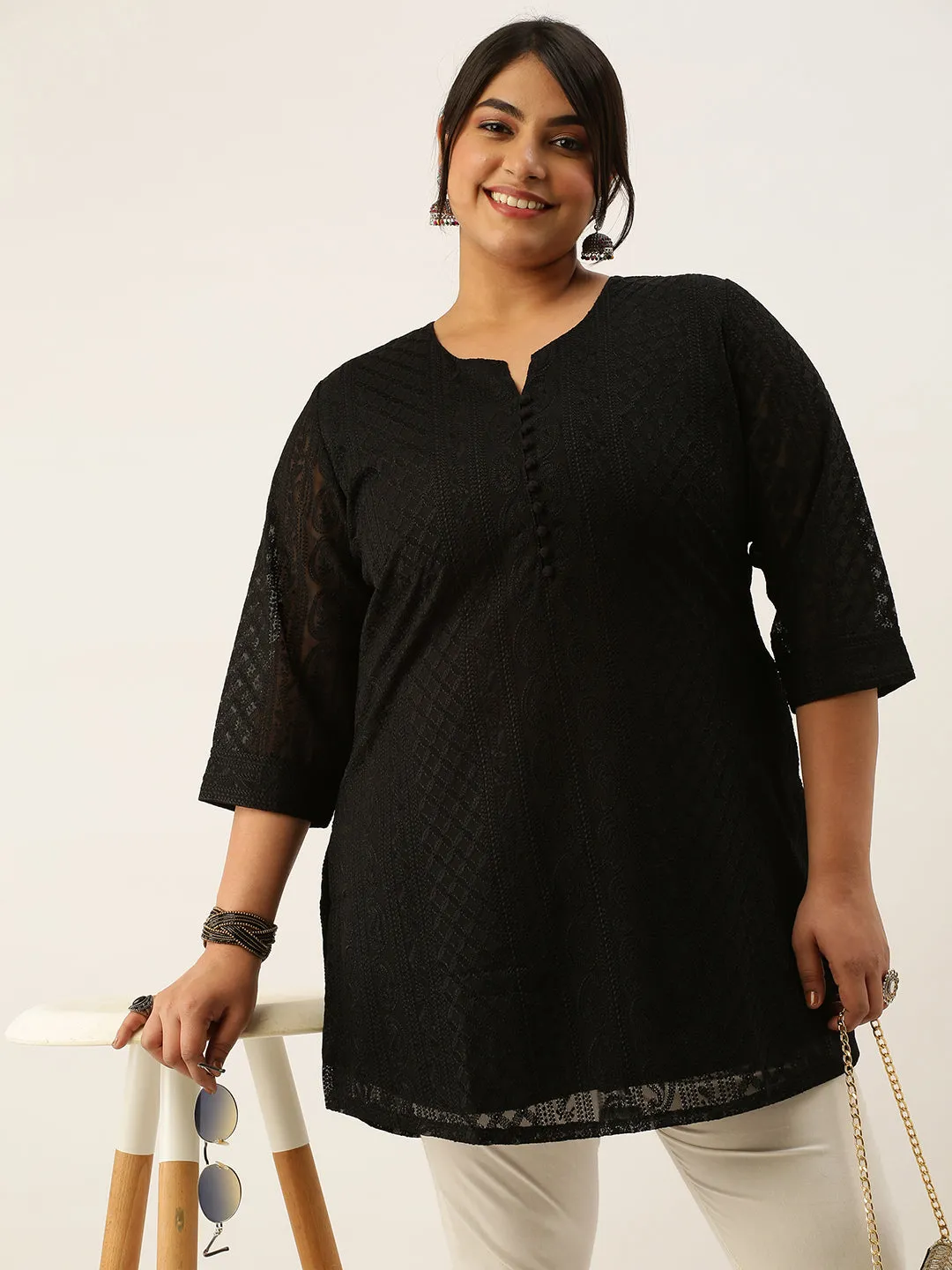 Black Paisley Embroidered Georgette Lucknowi Chikankari Thigh Length Tunic For Women - ZOLA